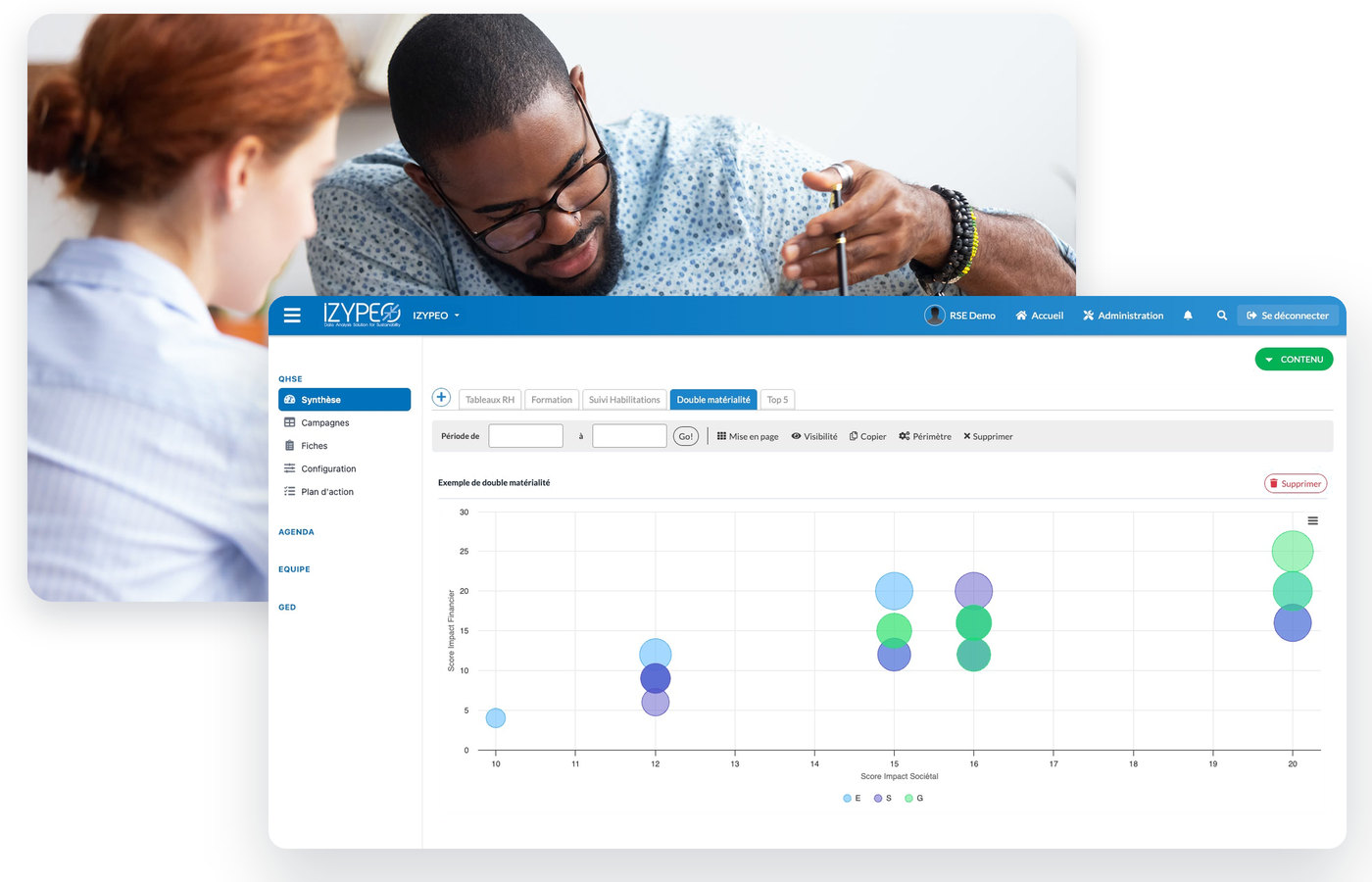 Logiciel RSE Izypeo : deux collaborateurs analysant des indicateurs sur ordinateur portable et matrice de double matérialité, score d’impact financier et sociétal